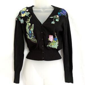 CAMI Custom Upcycled Floral Lace Appliqué Cropped Cardigan Sweater Art to Wear L
